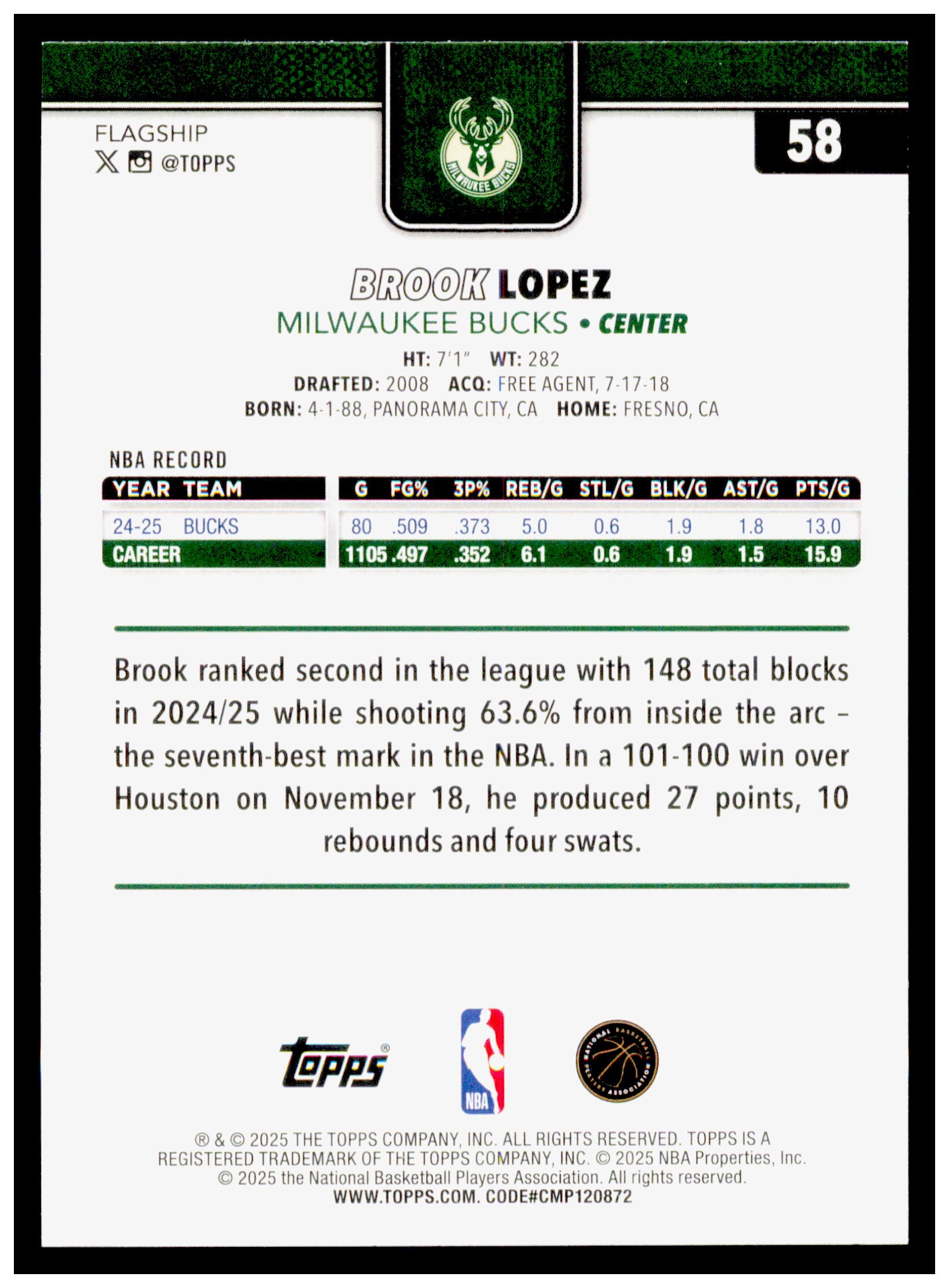 2025-26 Topps Brook Lopez Card Milwaukee Bucks #58