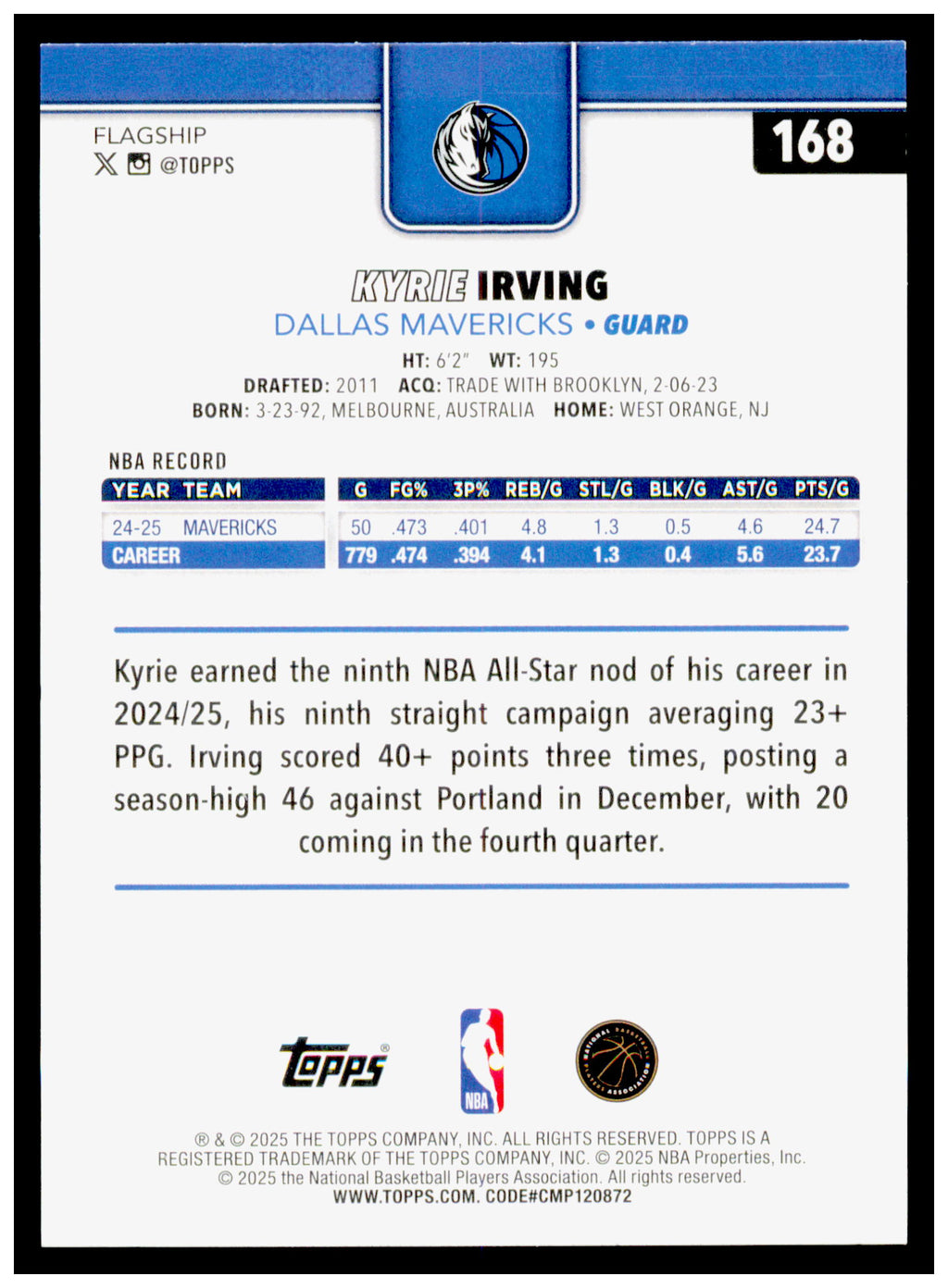 2025-26 Topps Kyrie Irving Card Dallas Mavericks #168