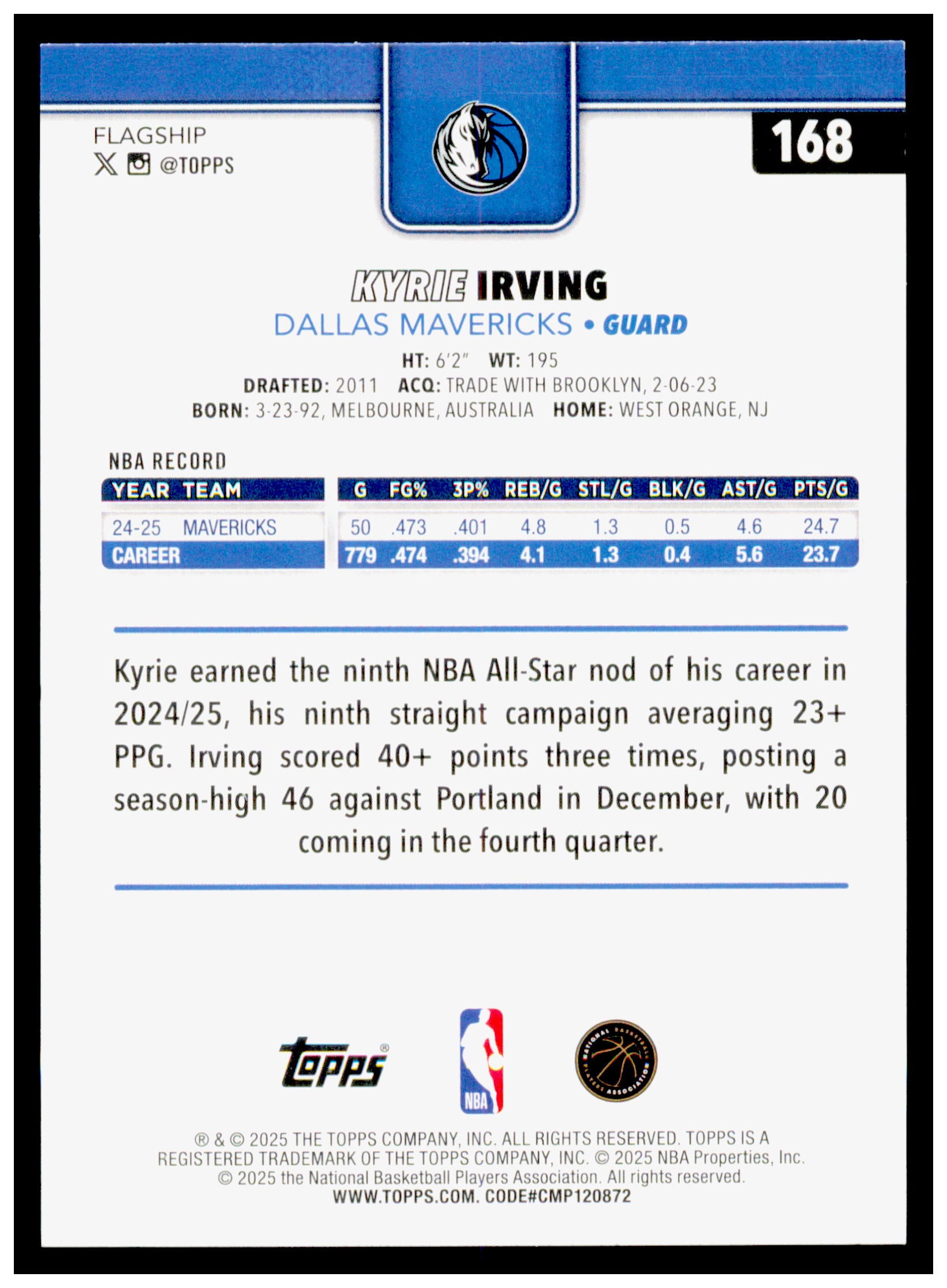 2025-26 Topps Kyrie Irving Card Dallas Mavericks #168