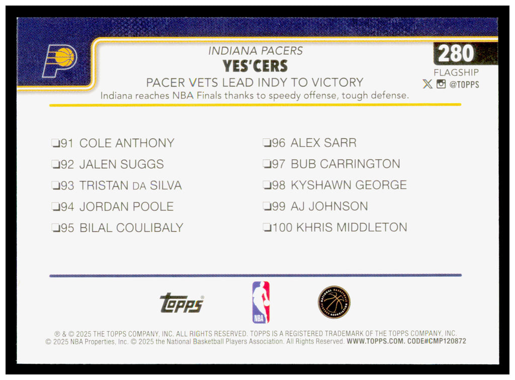2025-26 Topps Yes'Cers: Pacer Vets Lead Indy To Victory Card Indiana Pacers #280
