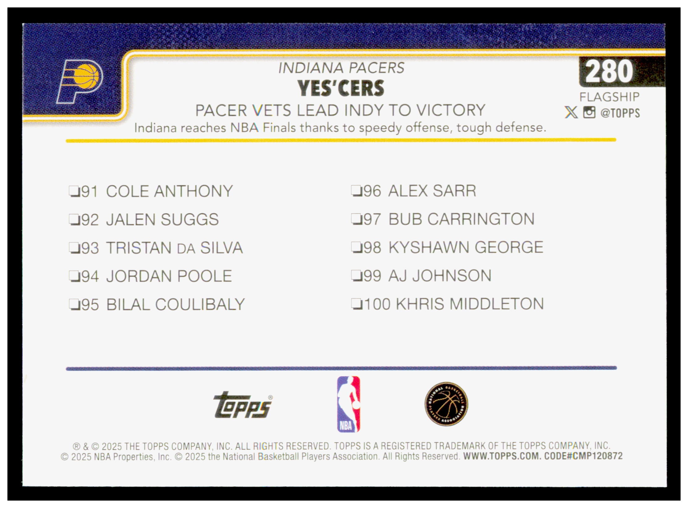 2025-26 Topps Yes'Cers: Pacer Vets Lead Indy To Victory Card Indiana Pacers #280
