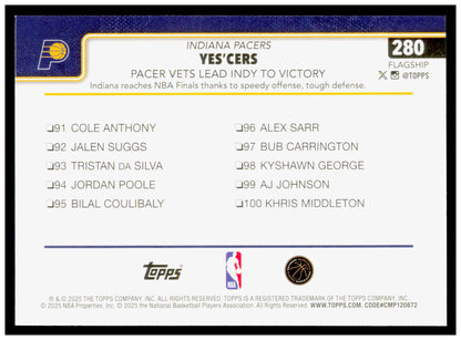 2025-26 Topps Yes'Cers: Pacer Vets Lead Indy To Victory Card Indiana Pacers #280