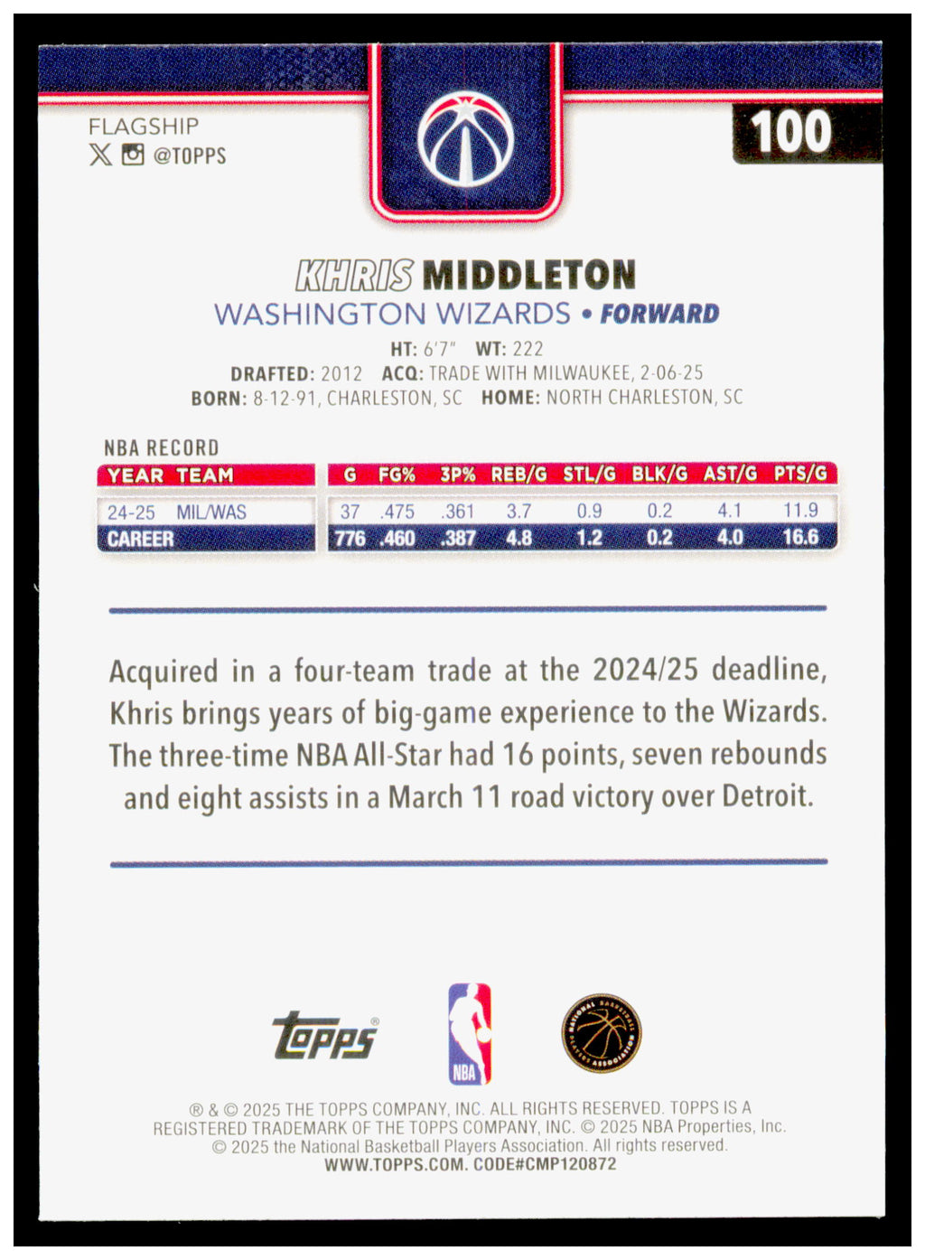 2025-26 Topps Khris Middleton Card Washington Wizards #100