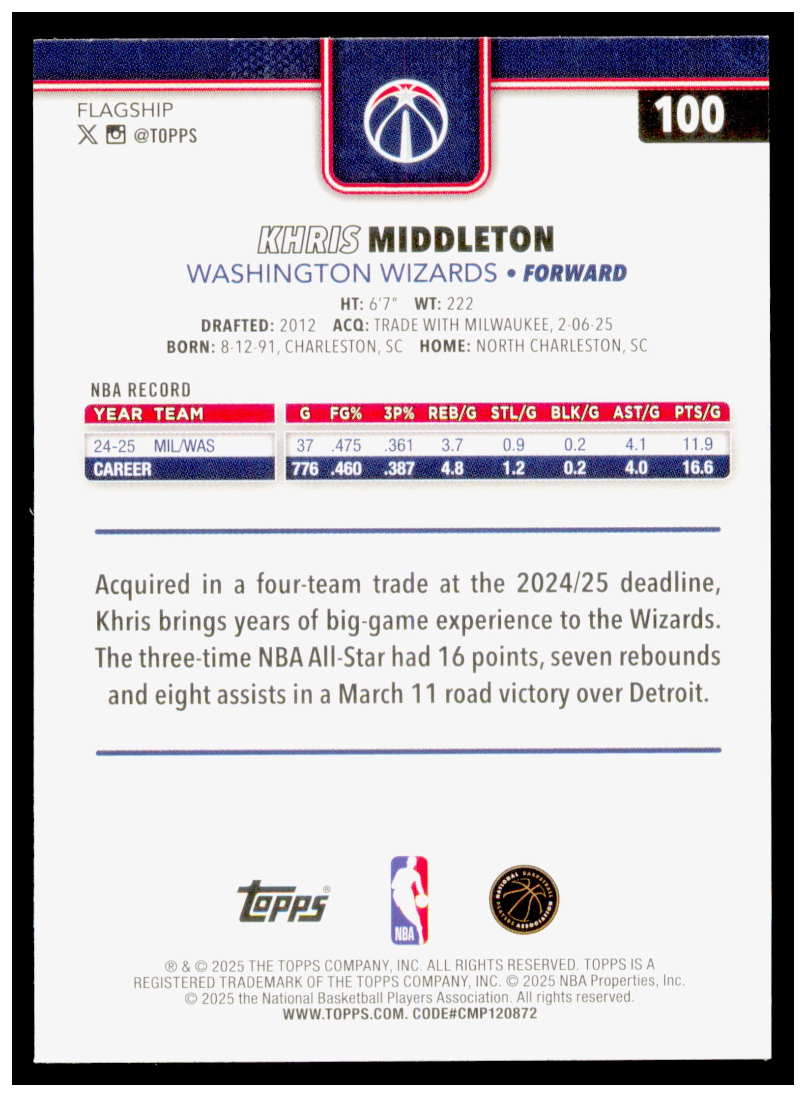 2025-26 Topps Khris Middleton Card Washington Wizards #100