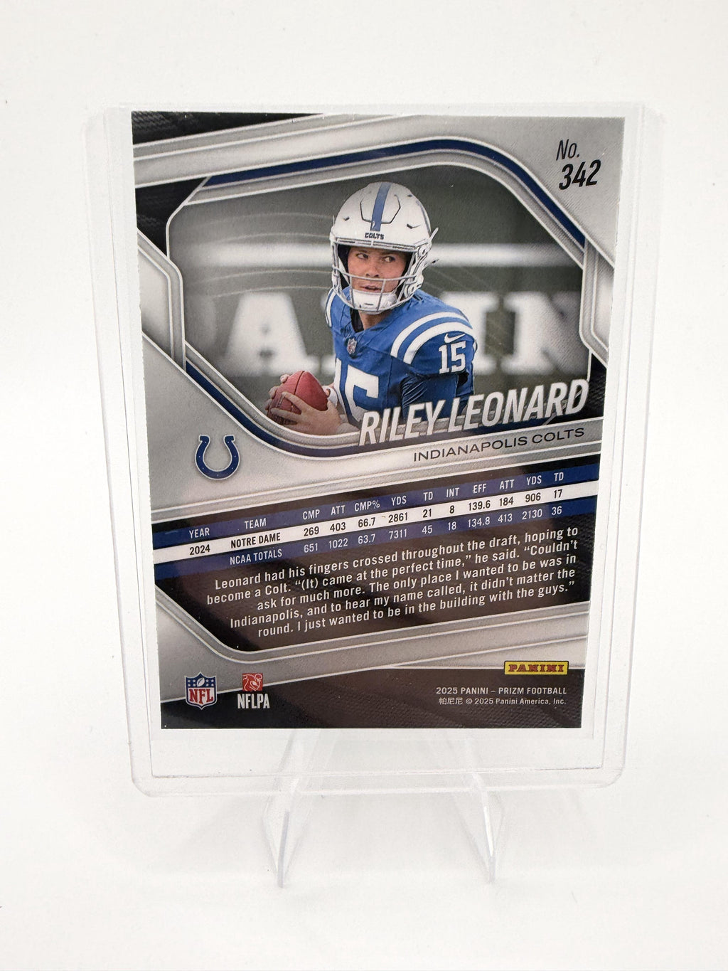 2025 Panini Prizm Riley Leonard Card RC Indianapolis Colts #342