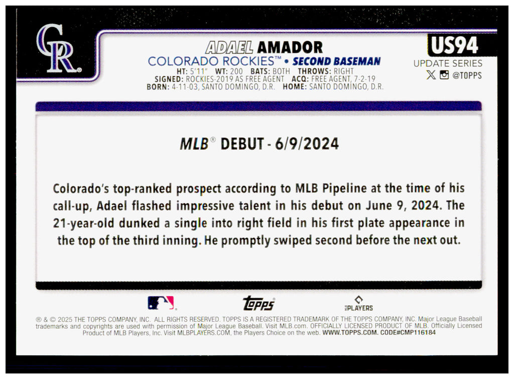 2025 Topps Chrome Update Adael Amador Card RC Rockies