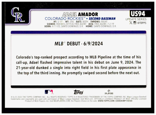 2025 Topps Chrome Update Adael Amador Card RC Rockies