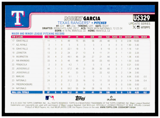 2025 Topps Update Robert Garcia Card Texas Rangers #US329