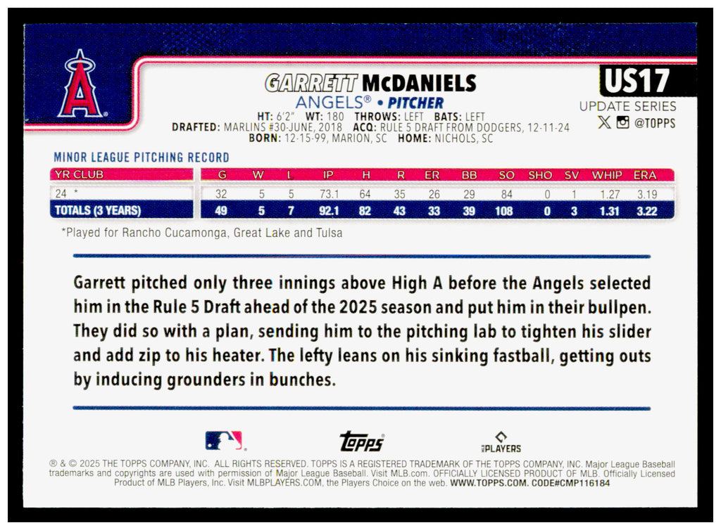 2025 Topps Update Garrett McDaniels Card RC Angels #US17