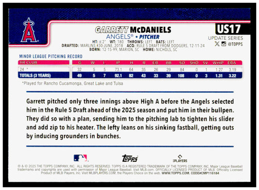 2025 Topps Update Garrett McDaniels Card RC Angels #US17