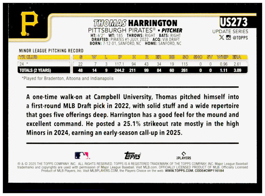 2025 Topps Update Thomas Harrington Card RC Pirates #US273
