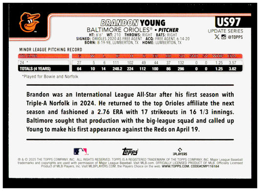 2025 Topps Update Brandon Young Card RC Orioles