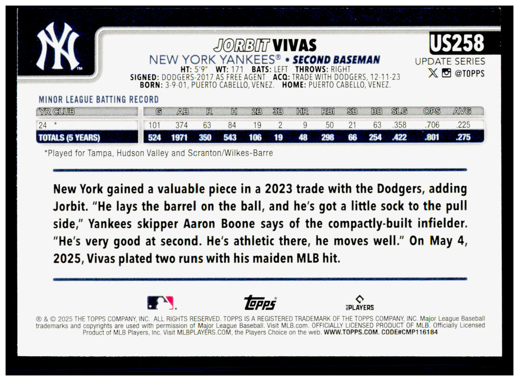 2025 Topps Update Jorbit Vivas Card RC Yankees