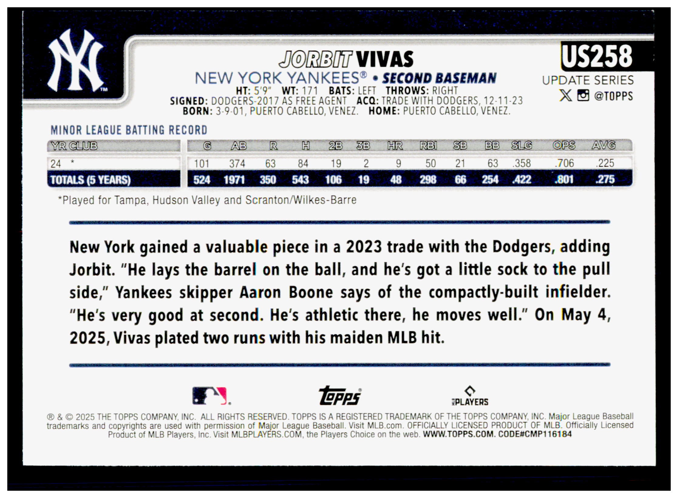 2025 Topps Update Jorbit Vivas Card RC Yankees