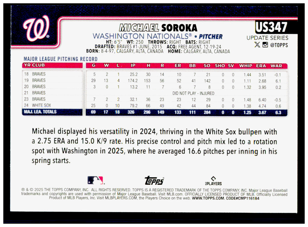 2025 Topps Update Michael Soroka Card  Nationals #US347