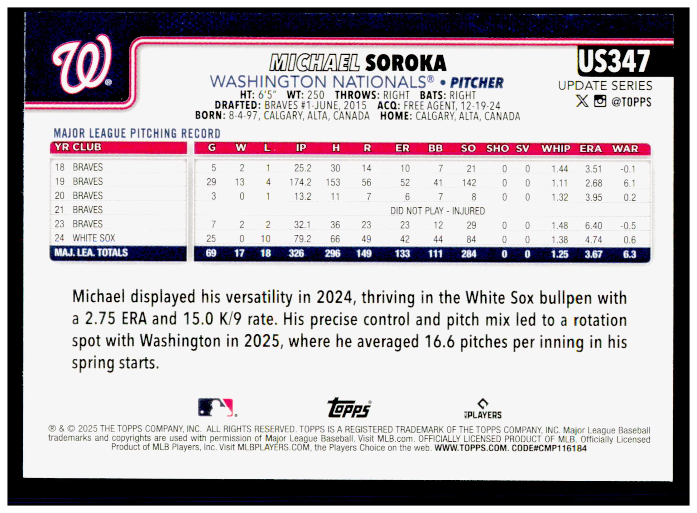 2025 Topps Update Michael Soroka Card  Nationals #US347