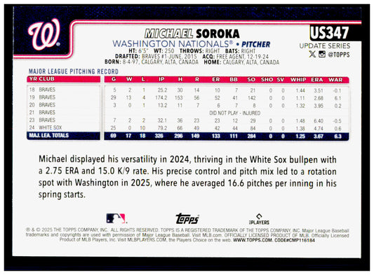 2025 Topps Update Michael Soroka Card  Nationals #US347