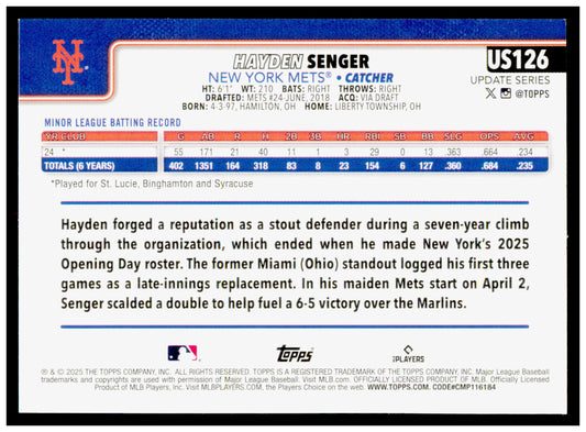 2025 Topps Update Hayden Senger Card Gold SN,RC New York Mets #US126