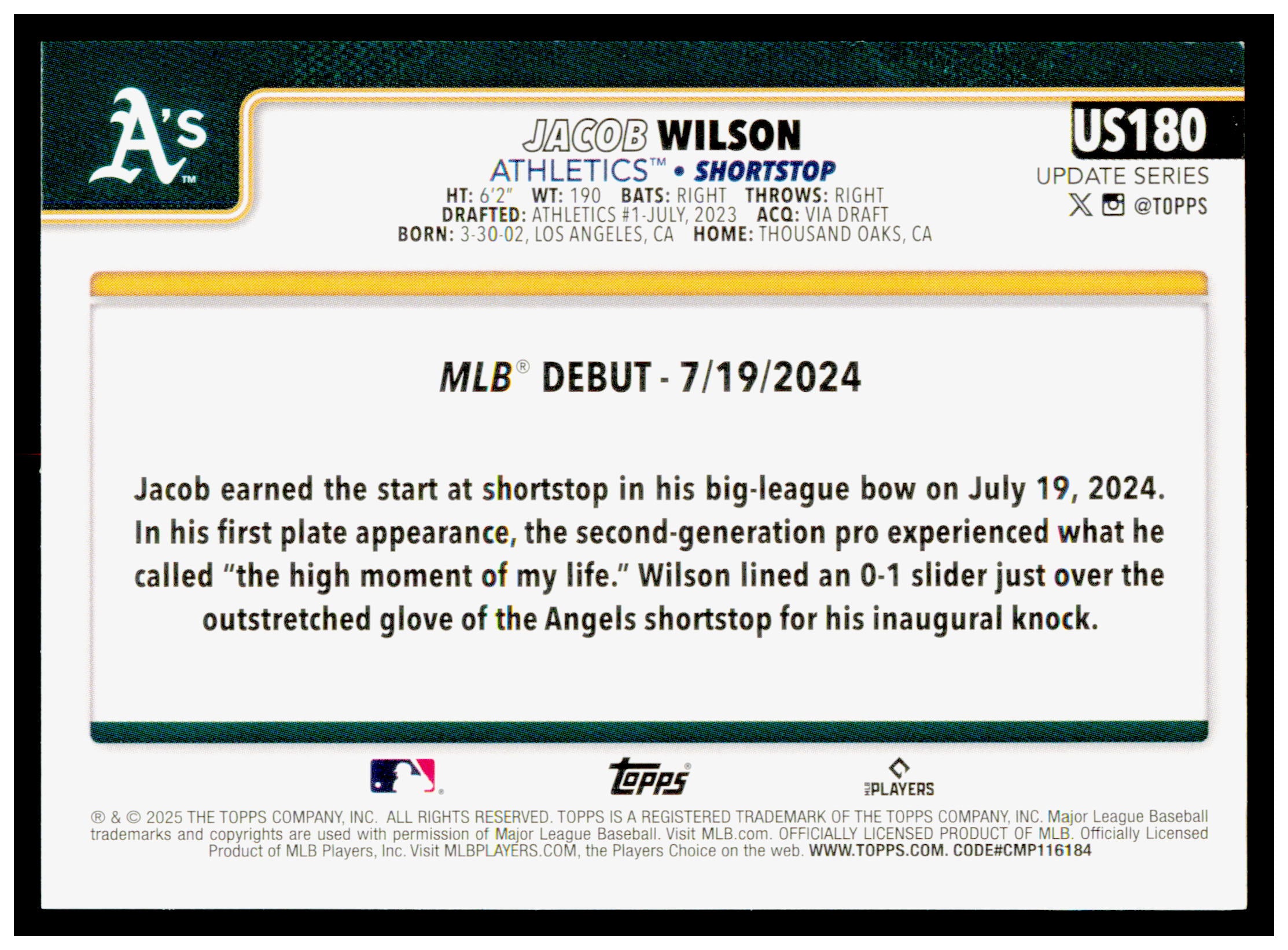 2025 Topps Update Jacob Wilson Card Athletics #US180
