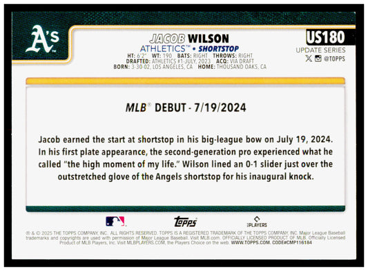 2025 Topps Update Jacob Wilson Card Athletics #US180