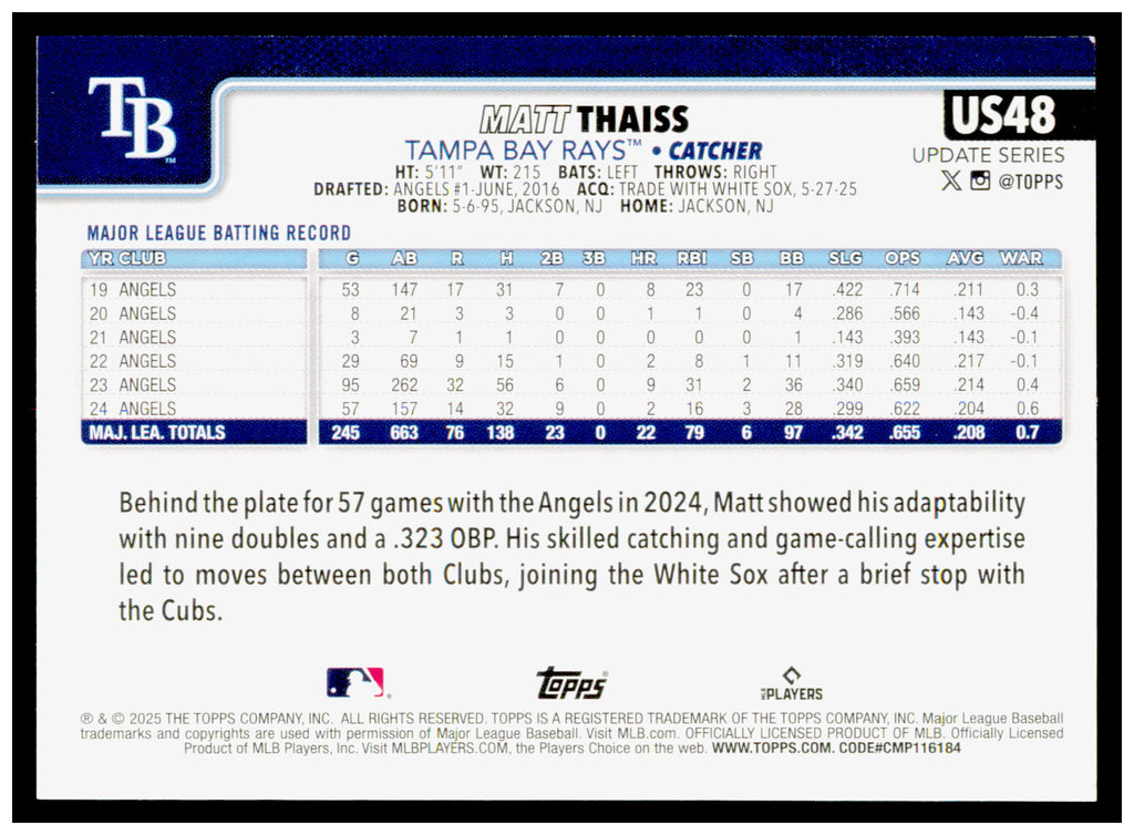 2025 Topps Update Matt Thaiss Card Tampa Bay Rays #US48