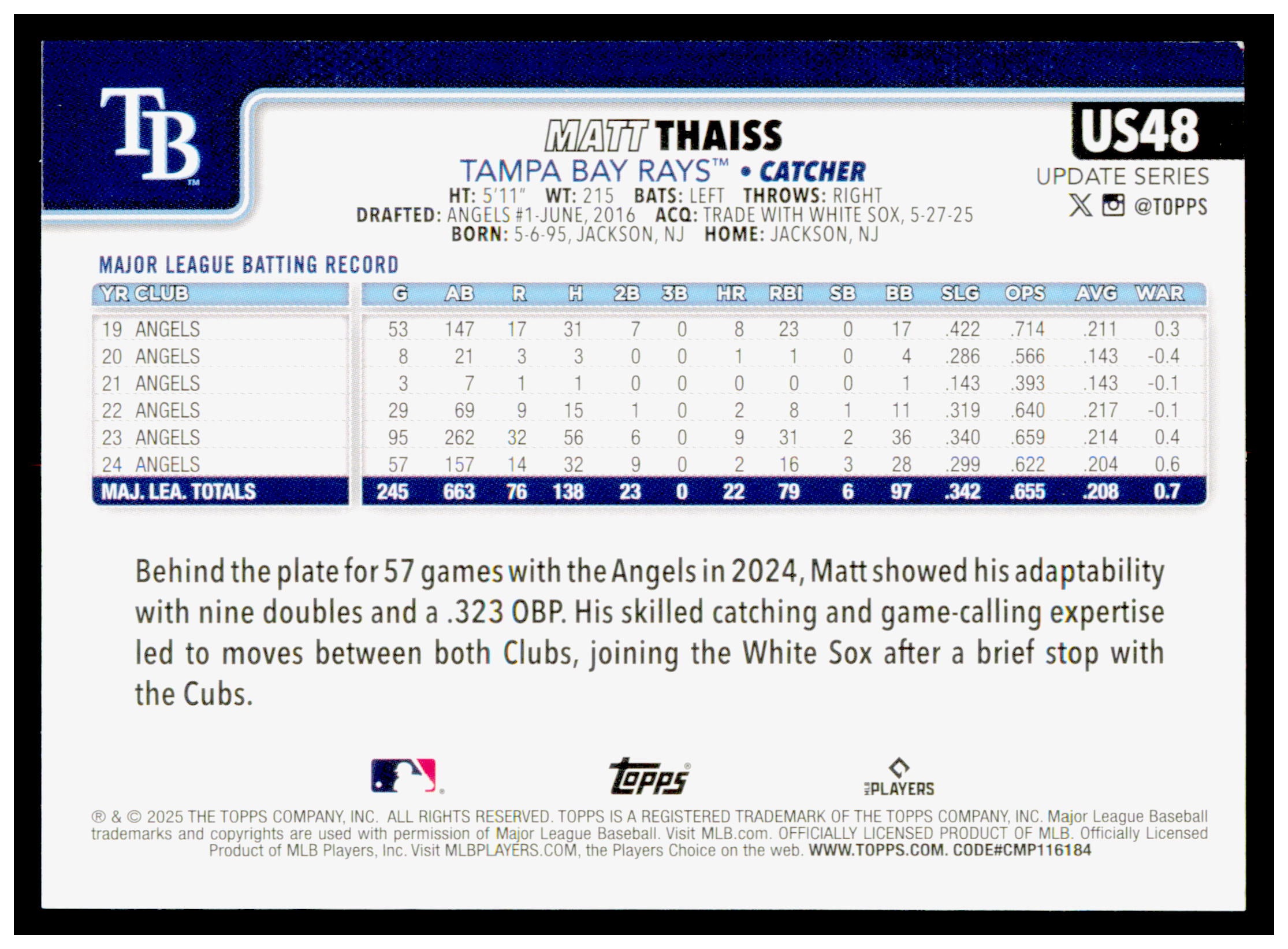 2025 Topps Update Matt Thaiss Card Tampa Bay Rays #US48