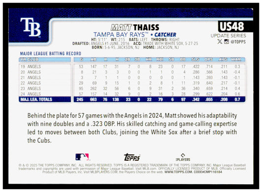 2025 Topps Update Matt Thaiss Card Tampa Bay Rays #US48