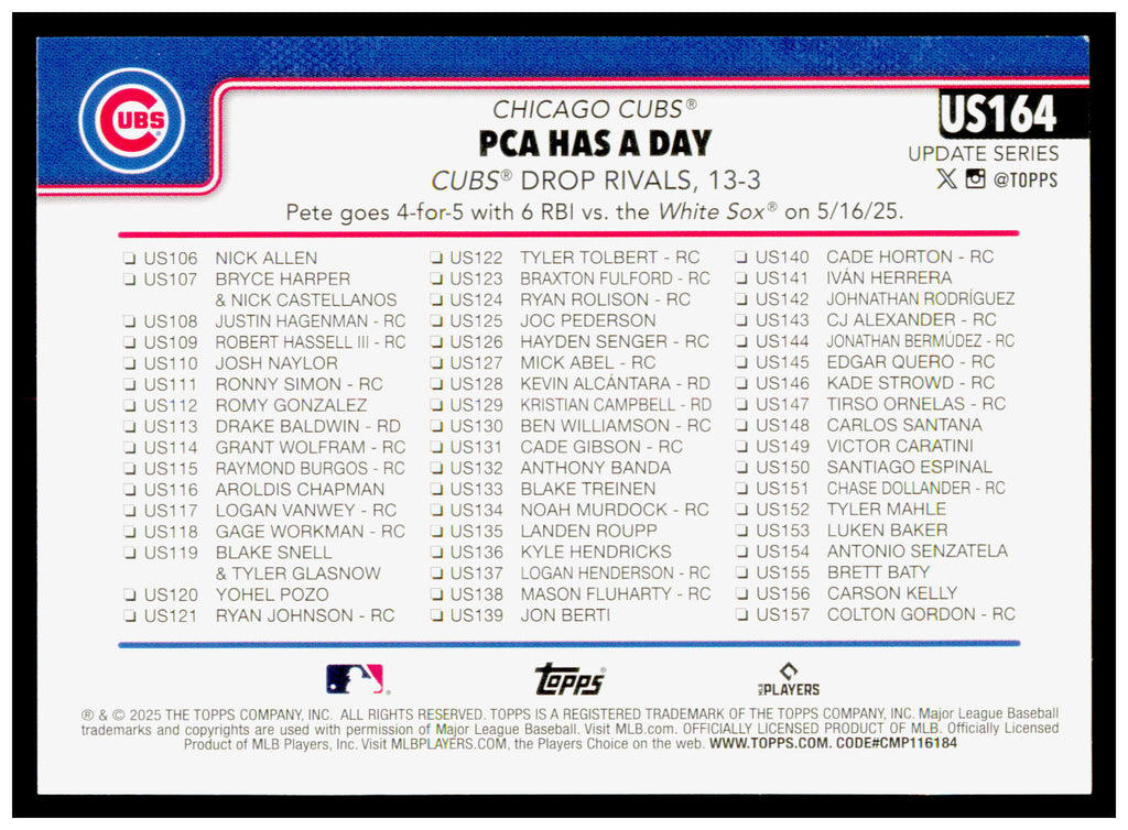 2025 Topps Update PCA Has A Day Card Chicago Cubs #US164