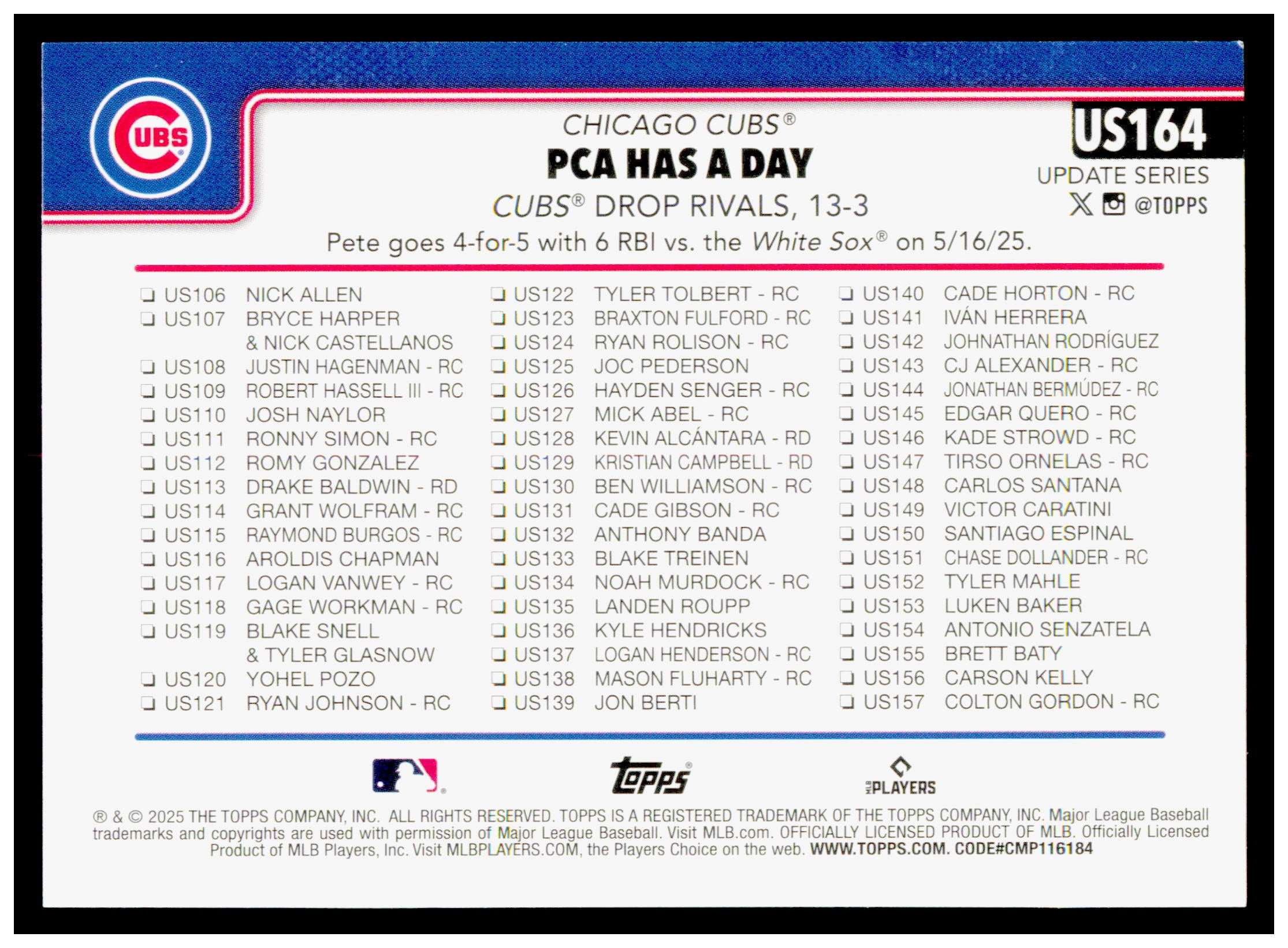 2025 Topps Update PCA Has A Day Card Chicago Cubs #US164