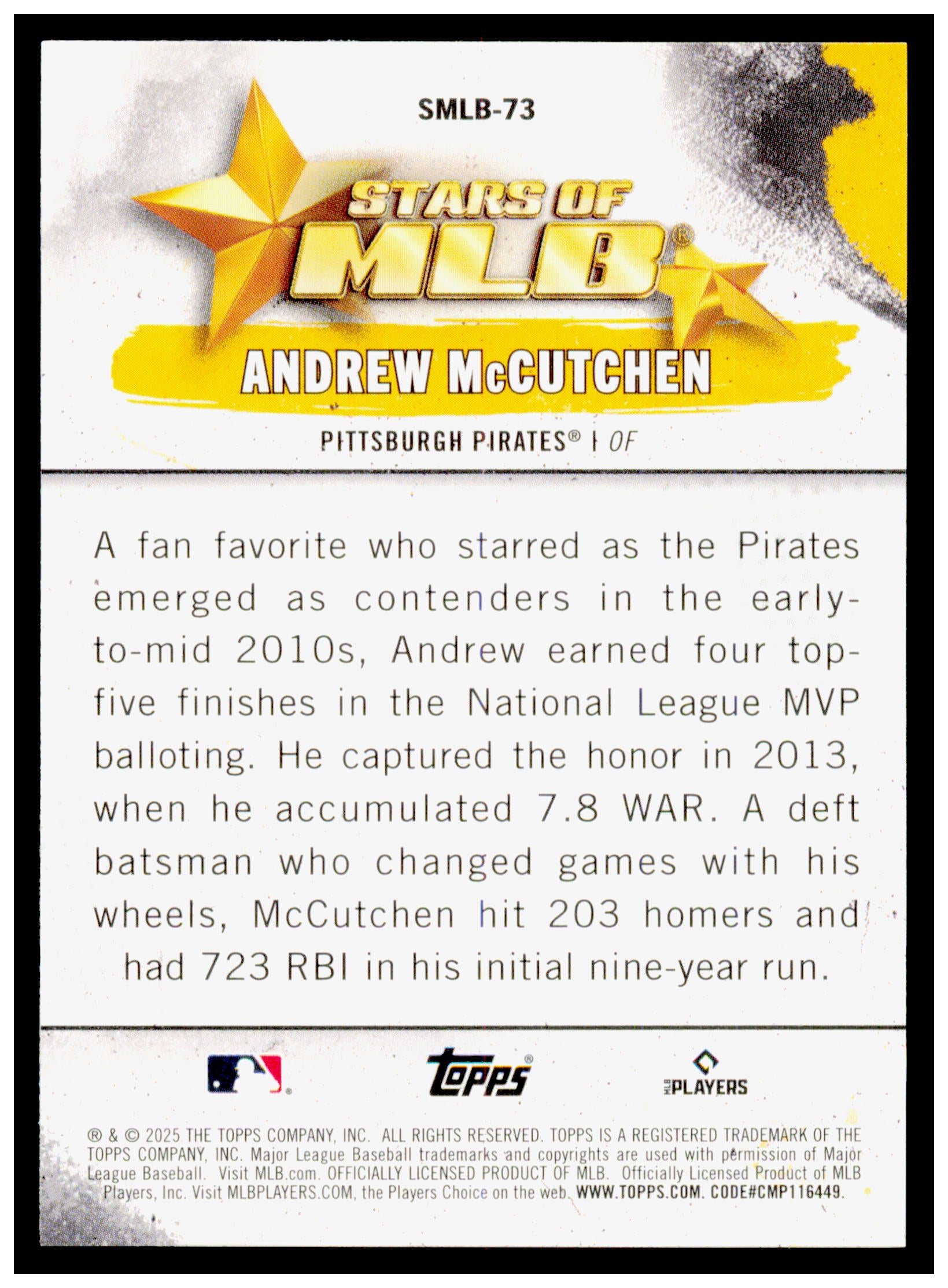 2025 Topps Update Andrew McCutchen Card Stars of MLB Pittsburgh Pirates #SMLB-73