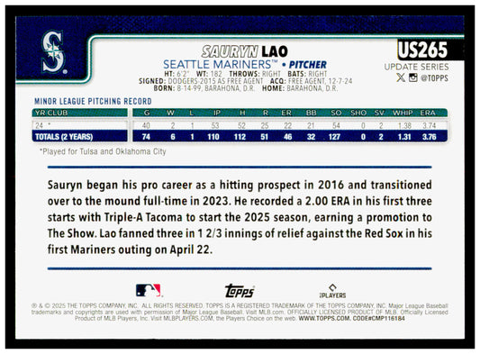 2025 Topps Update Sauryn Lao Card RC Seattle Mariners #US265