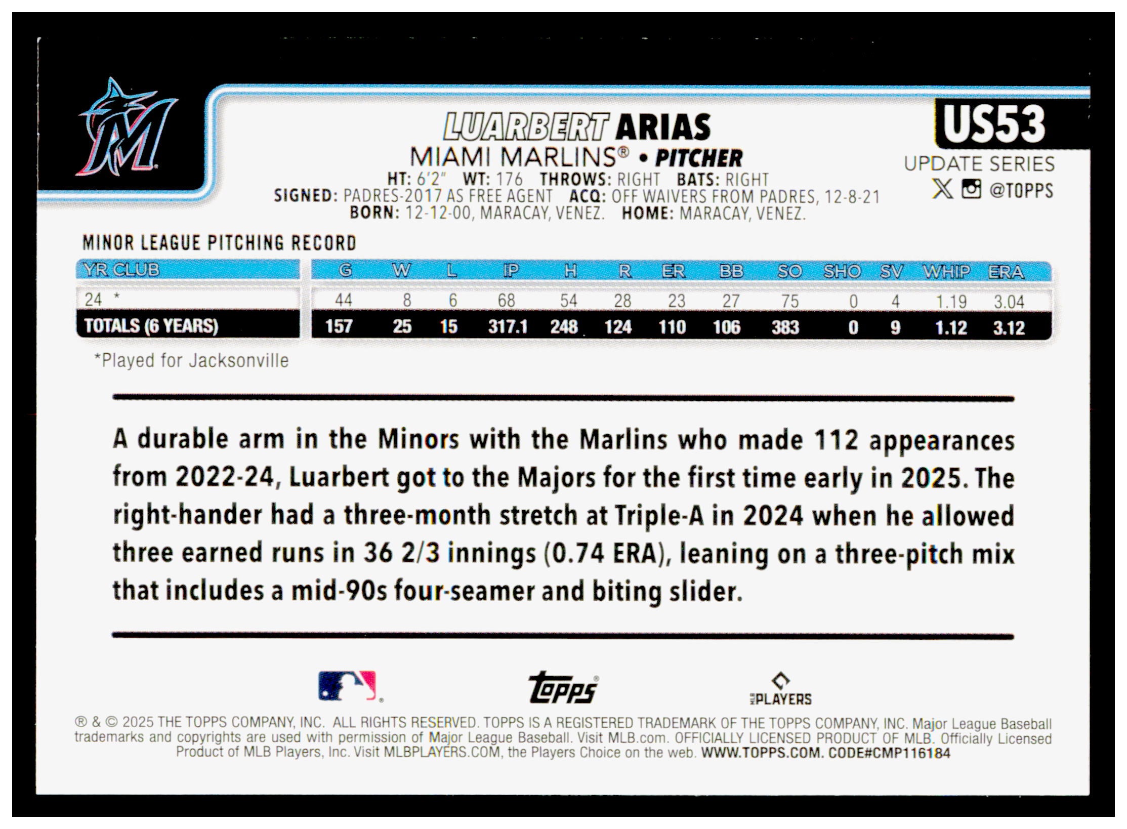 2025 Topps Update Luarbert Arias Card RC Miami Marlins #US53