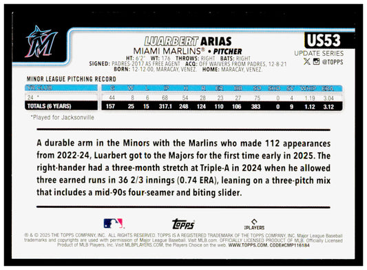 2025 Topps Update Luarbert Arias Card RC Miami Marlins #US53