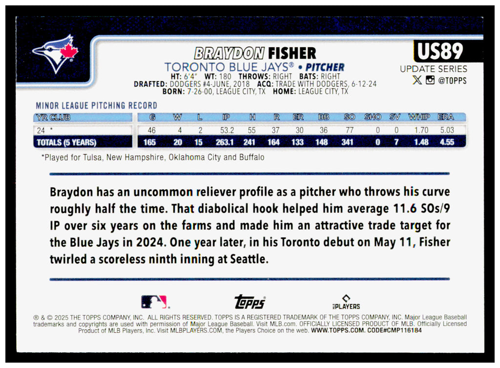2025 Topps Update Braydon Fisher Card RC Toronto Blue Jays #US89