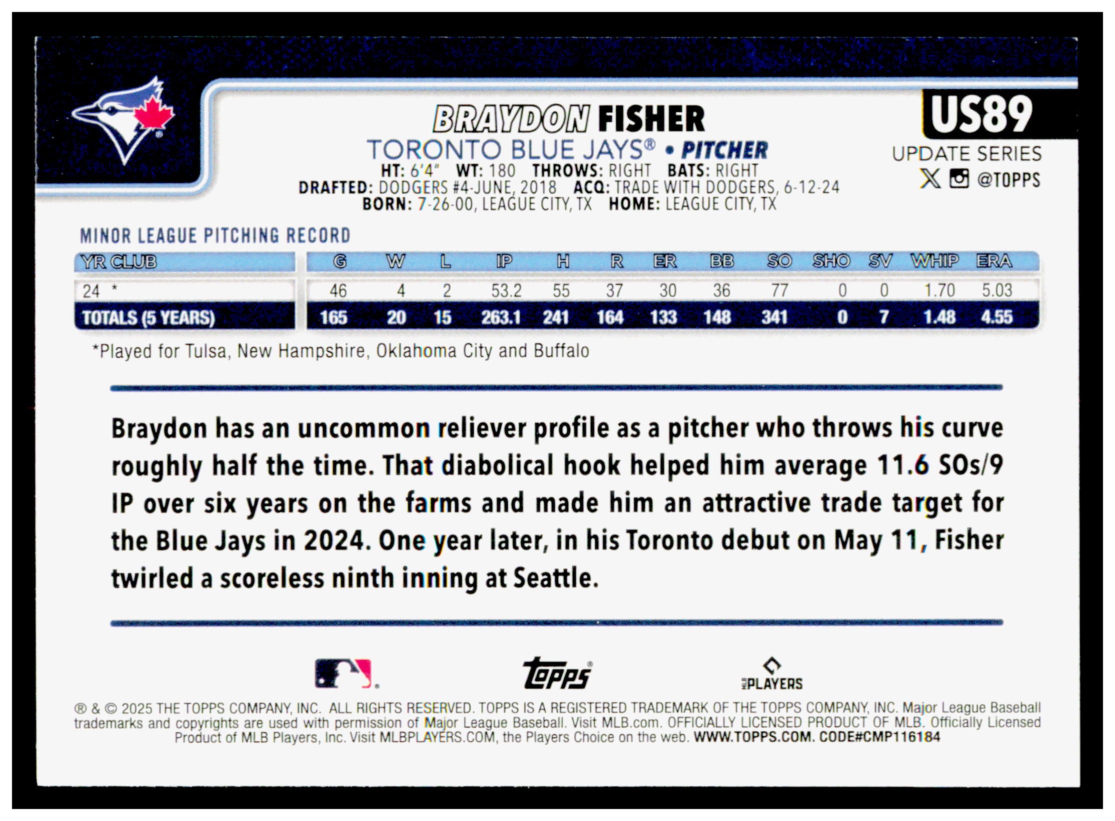 2025 Topps Update Braydon Fisher Card RC Toronto Blue Jays #US89
