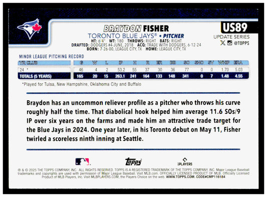 2025 Topps Update Braydon Fisher Card RC Toronto Blue Jays #US89
