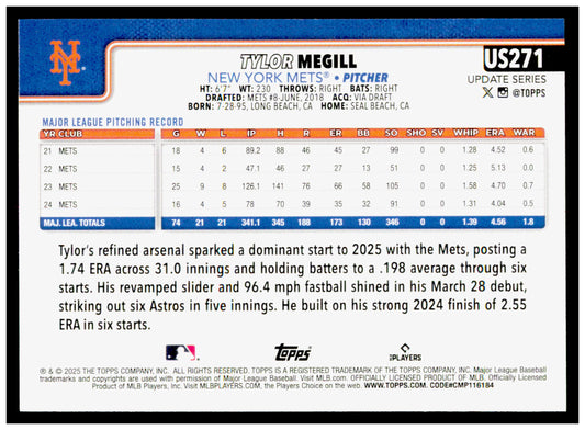 2025 Topps Update Tylor Megill Card New York Mets #US271