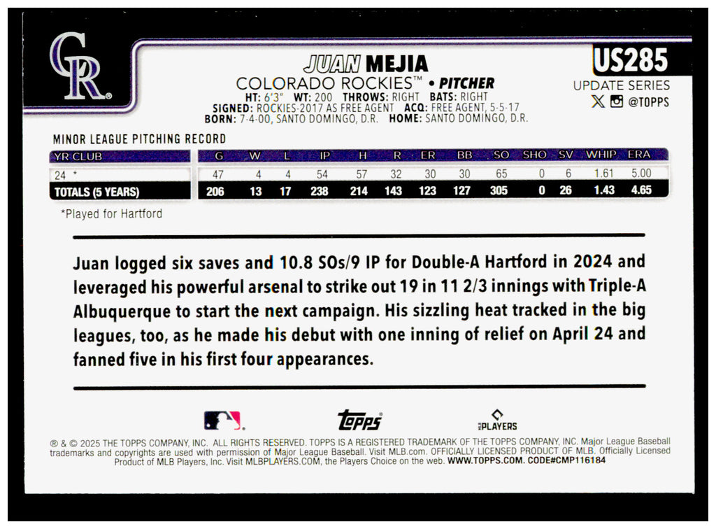 2025 Topps Update Juan Mejia Card RC Colorado Rockies #US285
