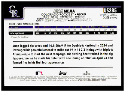 2025 Topps Update Juan Mejia Card RC Colorado Rockies #US285