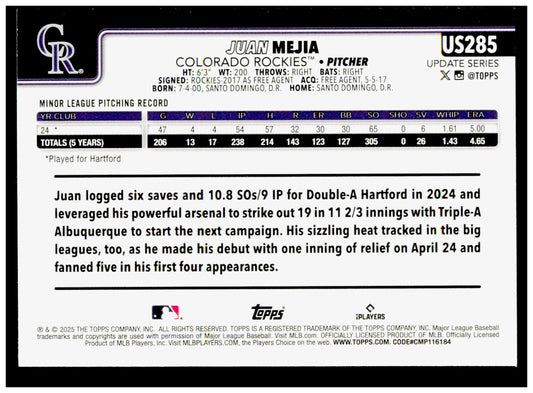 2025 Topps Update Juan Mejia Card RC Colorado Rockies #US285