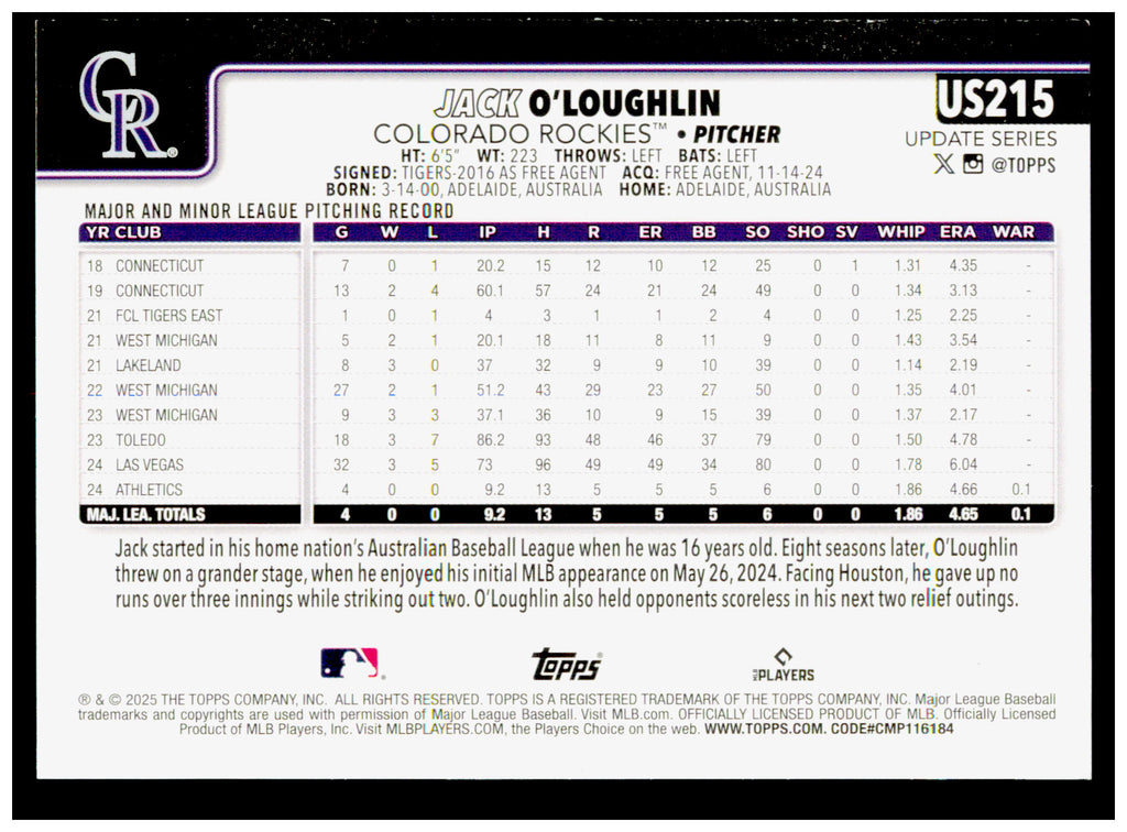 2025 Topps Update Jack O'Loughlin Card RC Colorado Rockies #US215