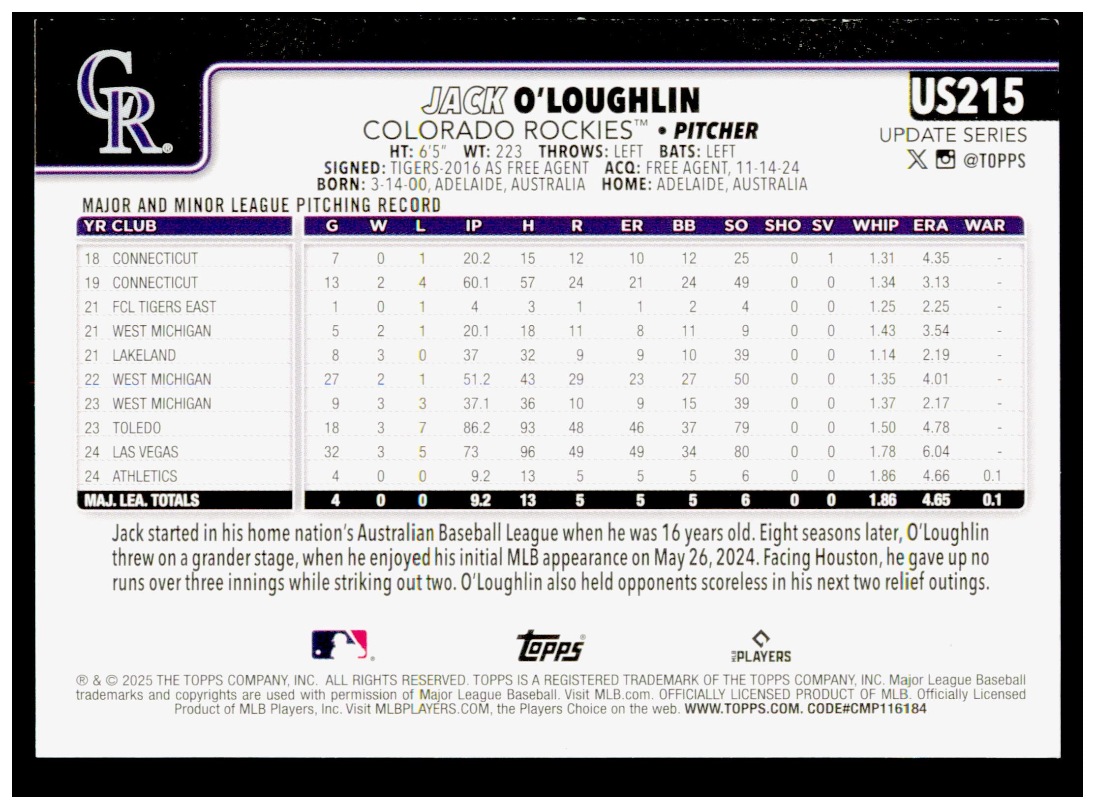 2025 Topps Update Jack O'Loughlin Card RC Colorado Rockies #US215