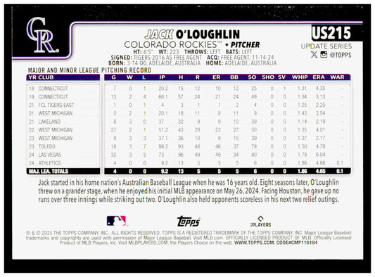2025 Topps Update Jack O'Loughlin Card RC Colorado Rockies #US215