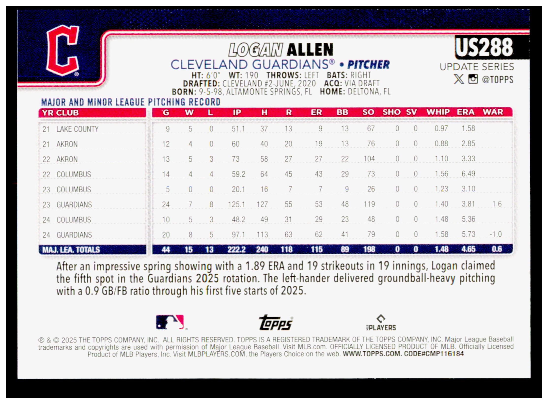 2025 Topps Update Logan Allen Card Gold SN Cleveland Guardians #US288