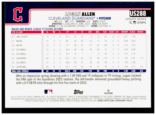 2025 Topps Update Logan Allen Card Gold SN Cleveland Guardians #US288