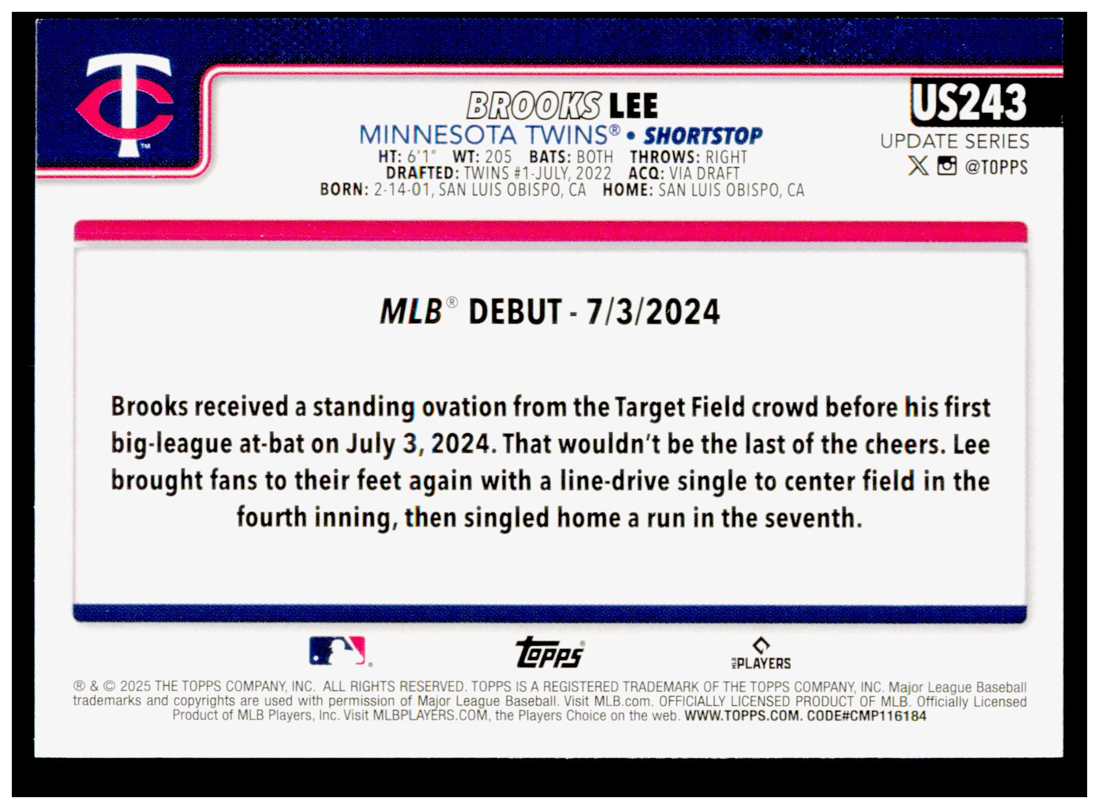 2025 Topps Update Brooks Lee Card Minnesota Twins #US243