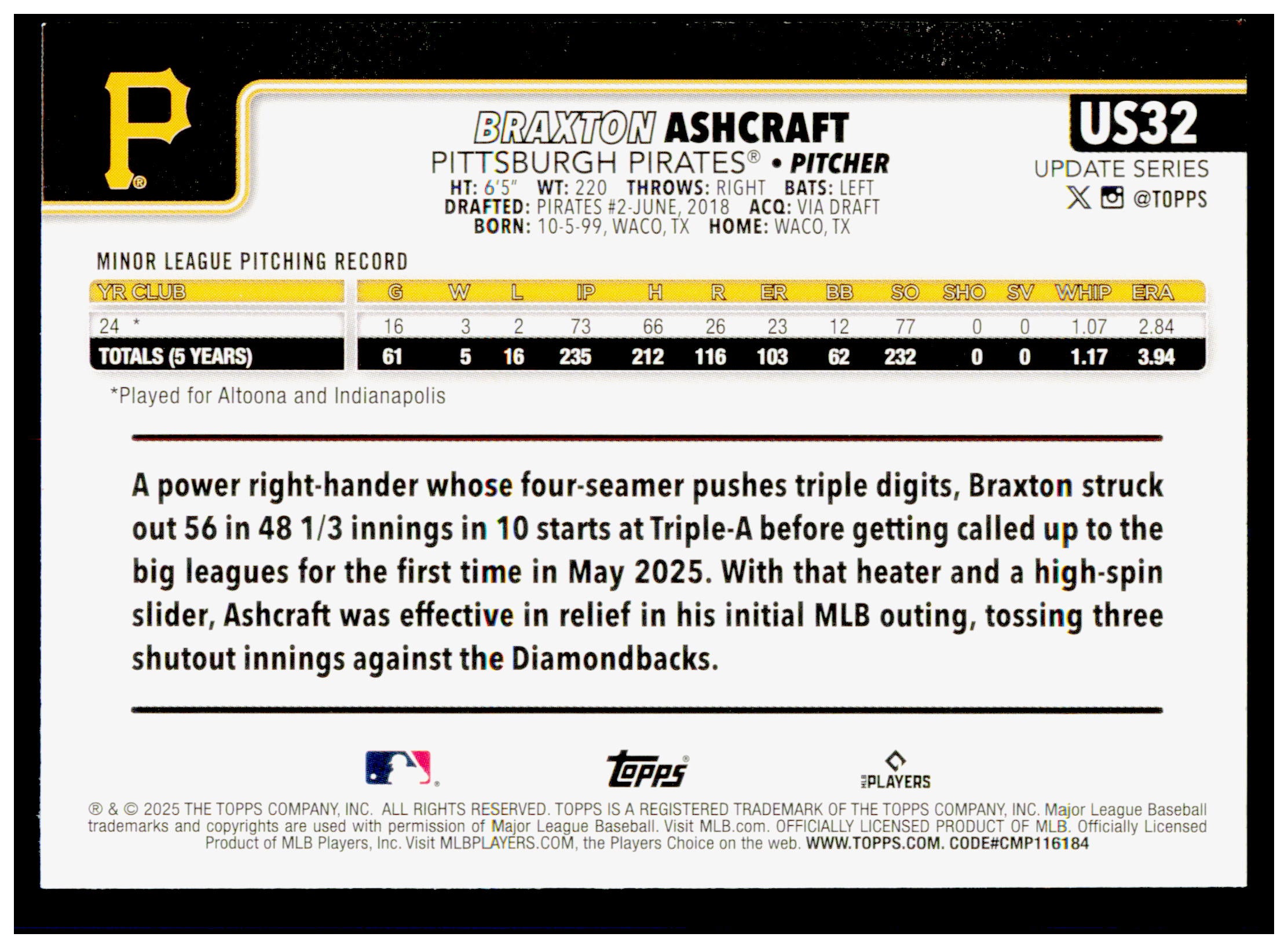 2025 Topps Update Braxton Ashcraft Card RC Pittsburgh Pirates #US32