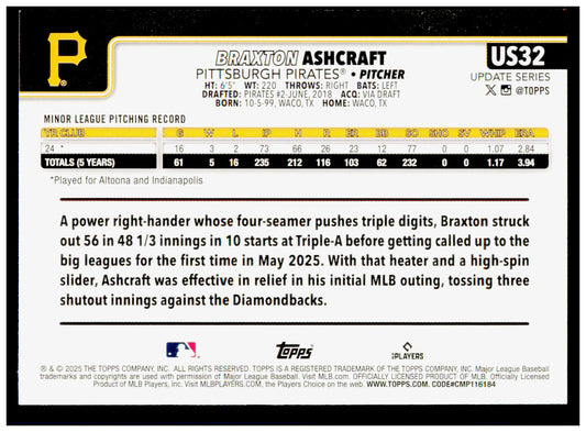 2025 Topps Update Braxton Ashcraft Card RC Pittsburgh Pirates #US32
