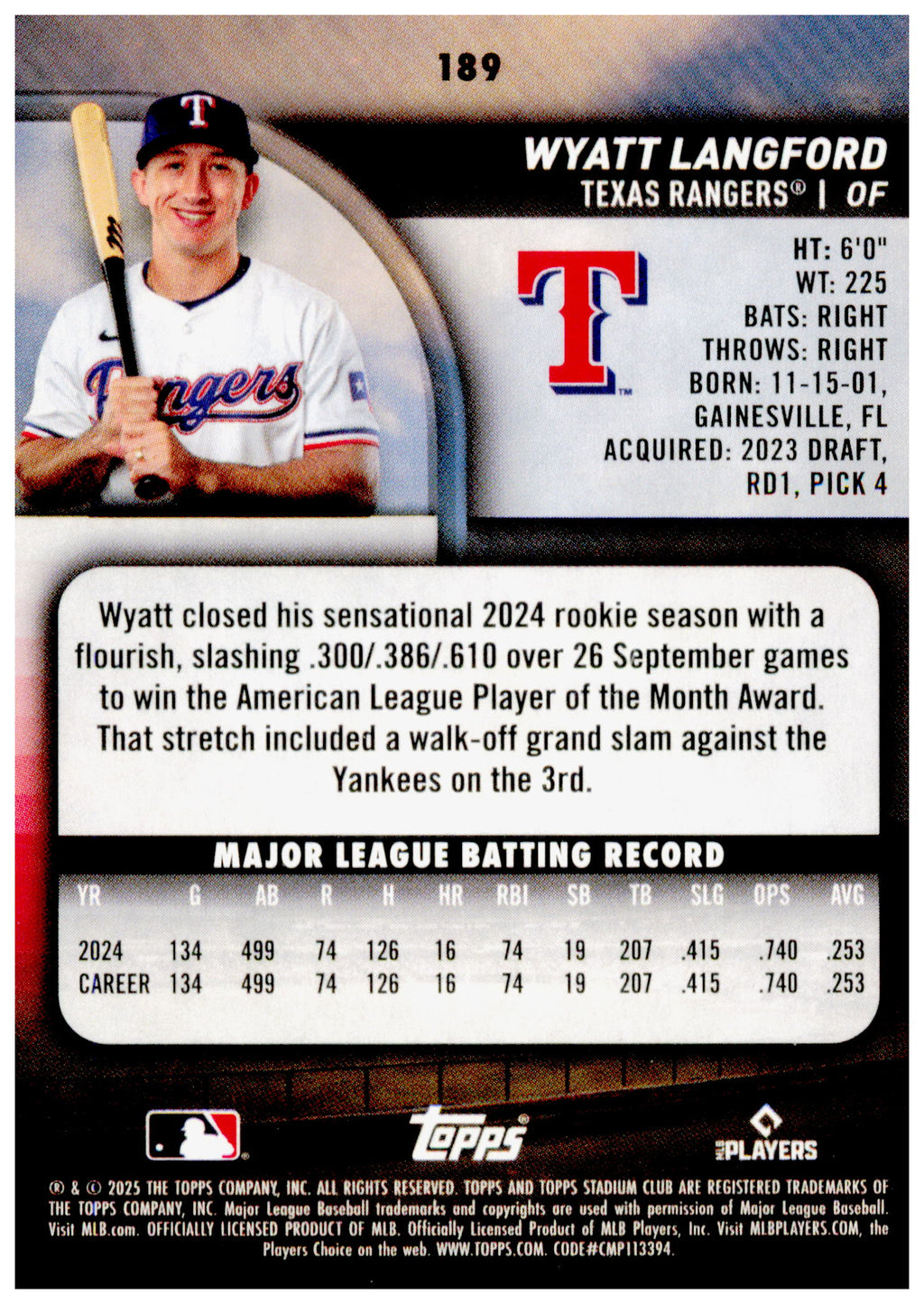 2025 Stadium Club Wyatt Langford Card Texas Rangers #189