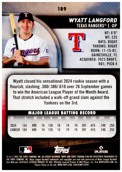 2025 Stadium Club Wyatt Langford Card Texas Rangers #189